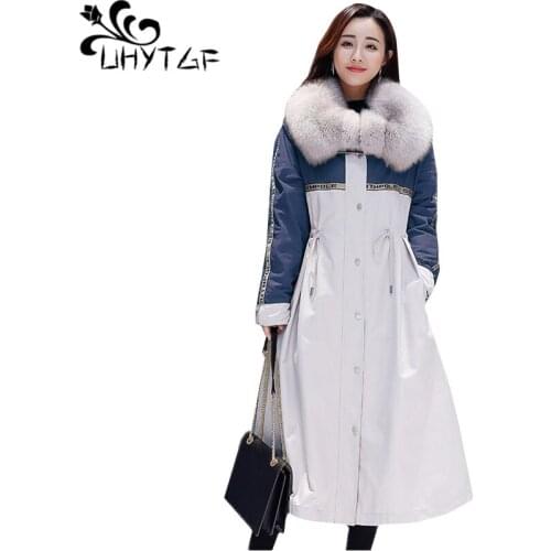 UHYTGF Thicken winter jacket parkas mujer 2019 quality fur collar slim long coat Cold protection warm plus size cotton coats1060