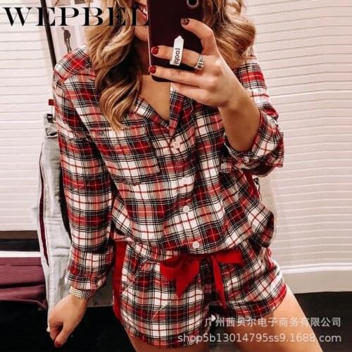 WEPBEL Women Turn Down Collar Long Sleeve Christmas Plaid Print Casual Pajamas Set Xmas Shirt Shorts Autumn Winter Pajama Suits