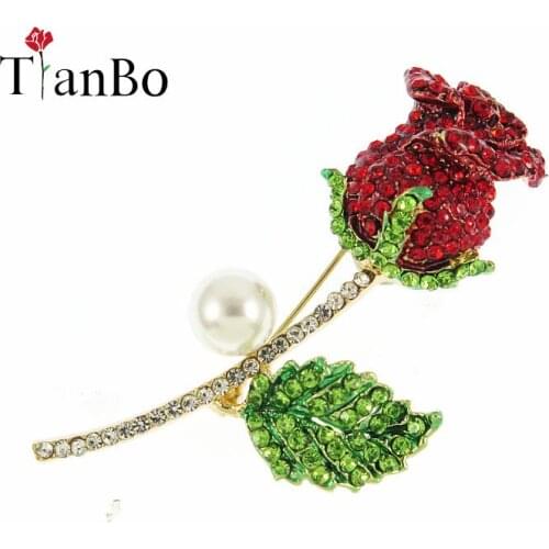 TianBo Full Rhinestone Enamel Red Rose Brooches For Women Alloy Flower Weddings Banquet Party Brooches Valentine Day Gifts
