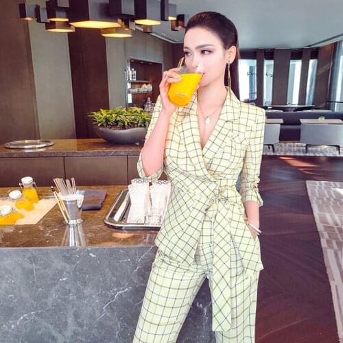 Women Suits New Spring Autumn Fashion Korean Lady Office Lady Plaid Sweet Three Quarter Notched Single Button 2 Pic Set Luxury