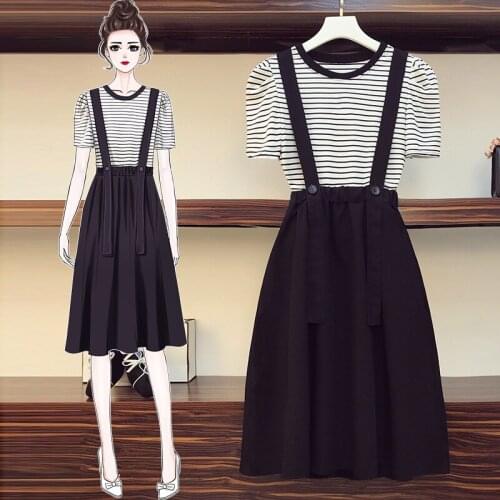 2021 Spring Autumn Fashion 2 Pieces Set Women Strap Dress Ladies Striped Short Sleeve Shirt Tops Dress Suit Female Clothing Suit