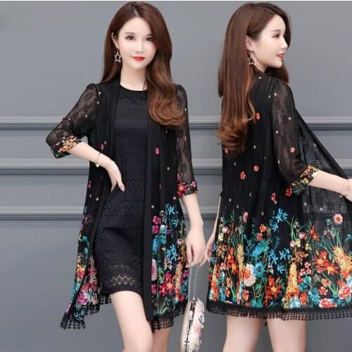 Womens Trench Coat Summer Thin Coat 3/4 Sleeve Plant Flowers Lace Fashion Cardigan Outerwear Sun Protection Clothing 5XL K200