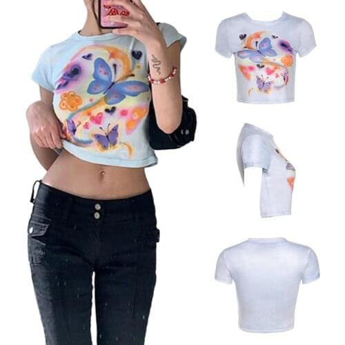 Womens Crewneck Crop Tops Butterfly Dye Print Short Sleeve Slim Fitted T-Shirts Fashion butterfly print short-sleeved T-shirt