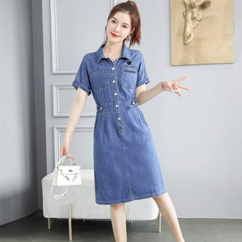 2021 women summer denim dress retro elegant single breasted jeans dresses elastic waist embroidery short sleeve back slit dress