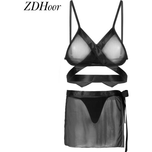 Womens See Through Sheer Mesh Lingerie Set Nightwear Sexy Bra Top with Tie Side Mini Skirt and G-string Briefs Underwear