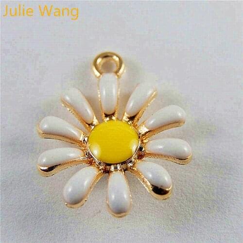 Julie Wang 10PCS Enamel Daisy Sun Flower Alloy Gold Tone Charms Pendant Earrings Bracelet Jewelry Making Accessory