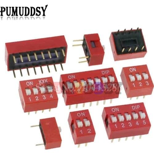10PCS Slide Type Switch 2 Row 1 2 3 4 5 6 7 8 10 Bit Positions 2.54mm Pitch DIP Toggle Switch Red Switch Snap