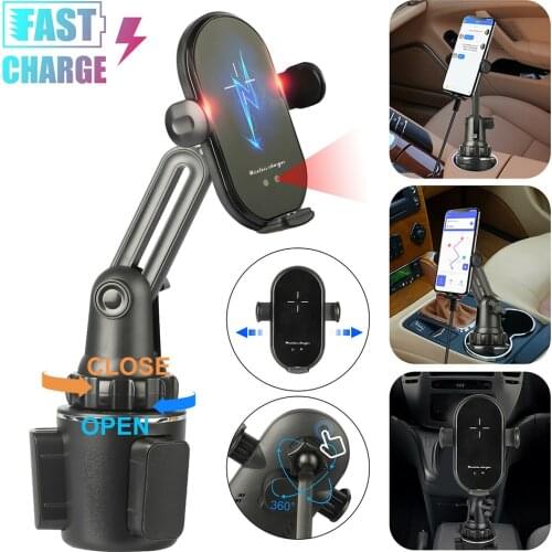 New Universal Qi Wireless Charger 360 Degree Adjustable Car Cup Holder Phone Mount Fast Charging Stand Dock for Cell Phone