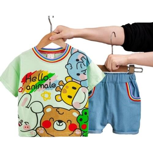 Toddler Boys Clothing Set Pure Cotton Cartoon Rabbit Bear Giraffe Elephant Pattern Cute T-Shirt And Pants 2 Pcs Suit For Kids
