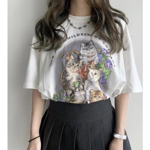 Kuakuayu HJN Summer Cute Aesthetic Funny Tshirt Cats Print T Shirt Female Casual Cotton Short Sleeve Tee Streetwear Top
