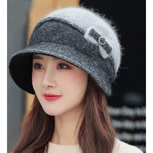 HT3724 Autumn Winter Cap Hats for Women Patchwork Bowknot Wool Bucket Hat Female Thick Warm Two Layers Knitted Hat Bucket Caps