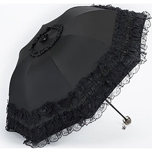 Lace Women Rain Umbrella Sun Parasol mujer Black Parasol Folding Princess guarda chuva invertido UV Protection Decoration