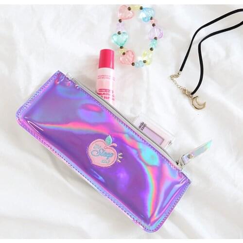 Kawaii Fruits Honey peach zipper PU leather Pencil Bag Case Stationery Storage simple laser Organizer Bag School Office Supply