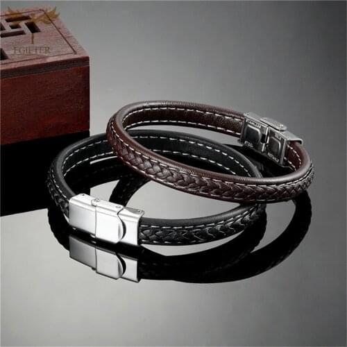 Stainless Steel Buckle Genuine Leather Bracelet Braided Twisted Black Belt Wristband Fashion Casual Mens Jewelry
