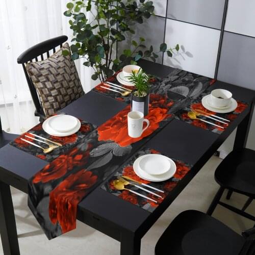 Red Flowers Retro Table Runner Holiday Kitchen Dining Table Runners Place Mats Set for Home Party Decor