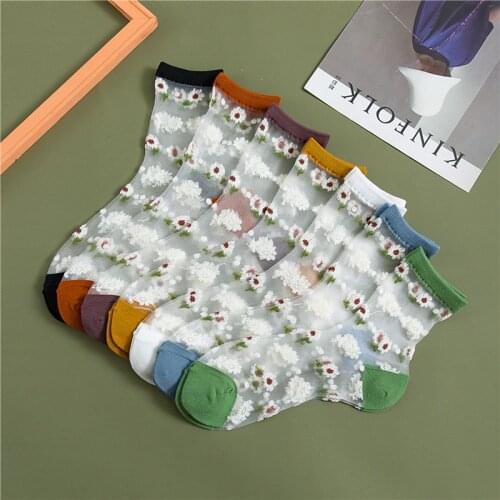 5 Pair Summer Ultra-thin Crystal Transparent Flower Designer Socks Women Crew Cass Glass Fiber Silk Fashion Ankle Socks