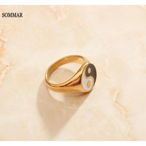 SOMMAR best friends Gold color size 6 7 8 wedding ring Tai Chi Eight Diagrams Yin Yang Chinese Style ring men Gift for her