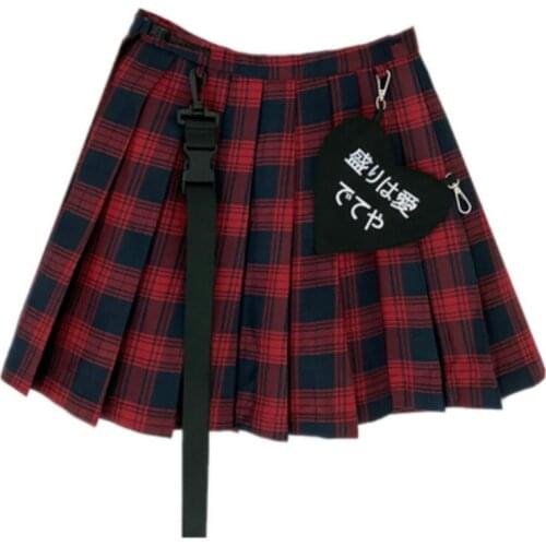Autumn Winter Harajuku Red Plaid Love Embroidery Metal Buckle High Waist Skirt Gothic Punk Fashion Pleated Mini Skirt