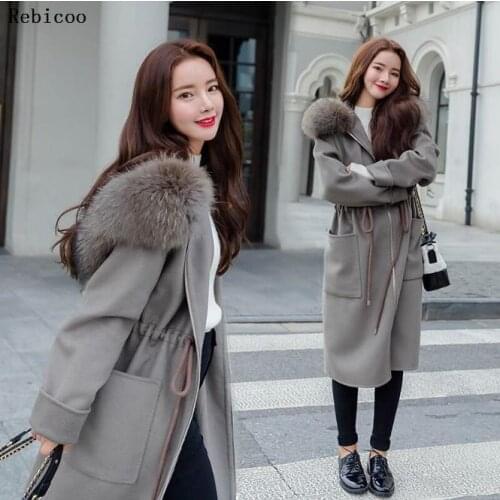 Casual Loose Long Woolen Winter Coats Zipper Hooded Wool Coat and Jacket Sashes Pockets Solid Ladies Coats