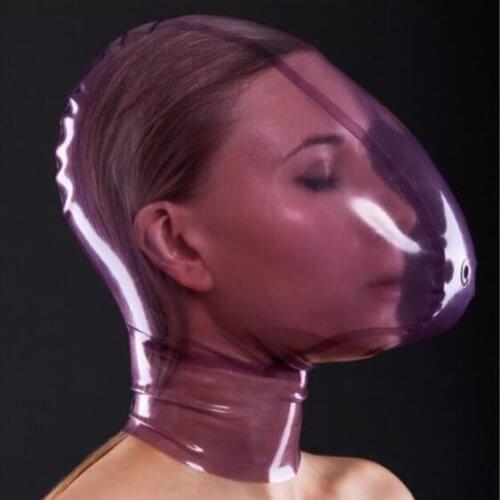 Sexy Handmade Unisex Exotic Transparent Purple Latex Full Breath Hole Hoods Mask Lingerie Uniform Back Zip