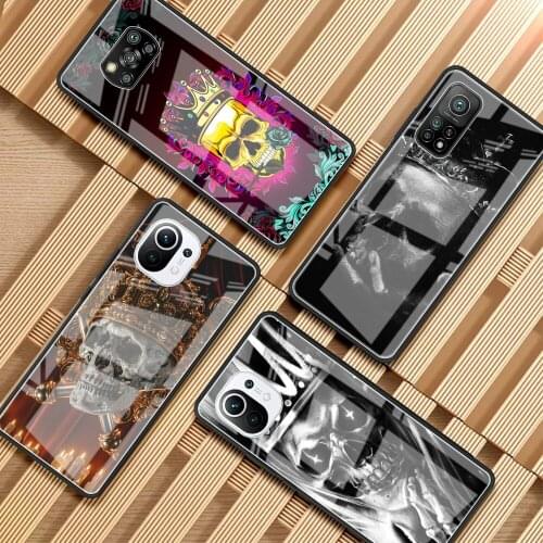 Luxury Glass Case For Xiaomi Redmi Note 10 9 8 Pro 9S 8T 7 9C Mi Poco X3 NFC 10T Lite 9T 11 F3 Phone Cover Crown Skeleton Skull