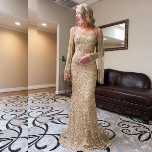 Spark Gold Sequined Mermaid Evening Dresses Off the Shoulder Beading Tassel Backless Celebrity Evening Gowns