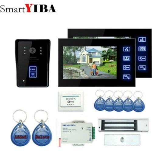 SmartYIBA 7`` LCD video door phone intercom video intercom kit 2 black monitor waterproof RFID Access Camera 180KG Magnetic lock