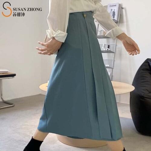 Women Skirts Female Bottoms 2021 Spring New Elegant Office A-Line Loose Pleats Elastic Waist Long Romantic Buttons Wrap Suit