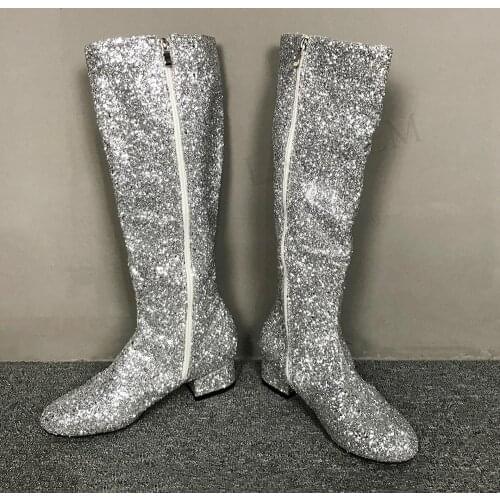BERZIMER Glitter Women Knee High Boots Side Zip Low Chunky Heels Sequined Party Bling Shoes Woman Zapatos Large Size 44 47 50 52