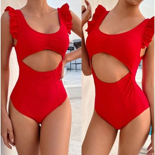 Women 2021 Hollow Out Solid Swimsuit Ruffle One Piece Swimsuit Women Sexy Bodysuit Monokini Swimwear Bathing Suit