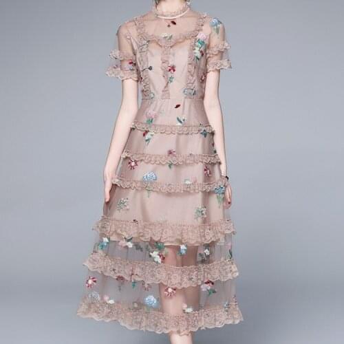 New 2021 Summer Women Lace Patchwork Mesh Embroidery Ruffles Cake Dresses Retro Stand Collar Short Sleeve Boho Sweet Long Dress