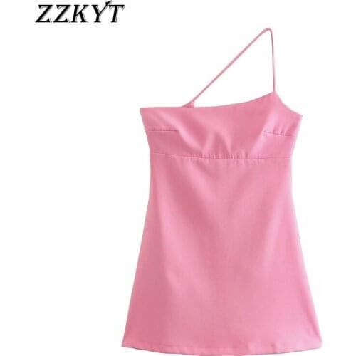 ZZKYT 2021 Women Summer Vintage Sexy Pink Asymmetrical Mini Dress Fashion Sleeveless Backless Female Party Dresses Vestidos