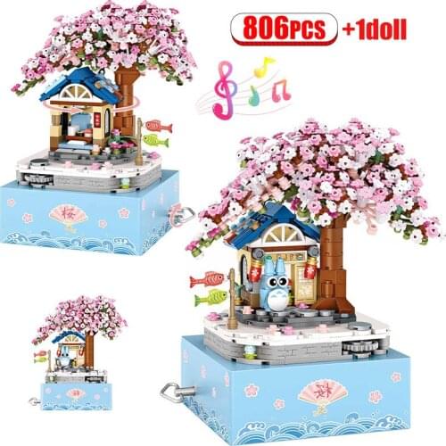 806pcs Mini City Cherry Blossoms Rotating Music Box Tree House Building Blocks Friends DIY Flower Decoration Bricks Toy For Girl