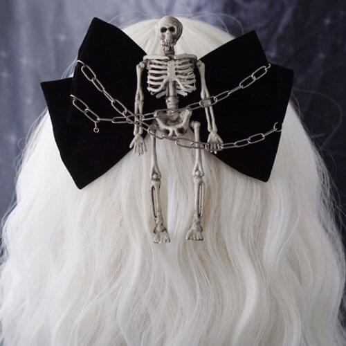 Cosplay Anime Hair Accessories Handmade Skull Skeleton Hairpins Gothic Chains Halloween Party Bow Hair Clips For Girls