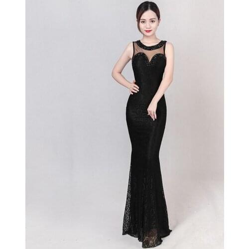 Black Transparent Mesh & Floral Lace Gemstone Beads Hot Sexy Long Formal Dress Elegant Dresses For Evening Party Night Club Wear