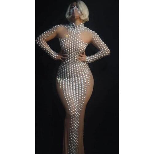 High-end Rhinestone Khaki Mesh O Neck See Through Long Sleeves Beading Buttock Dance Outfits Dress