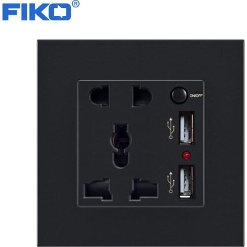 FIKO 2 USB with 5pin multi-function socket with switch Black PC panel socket family hotel socket USB 5V 2100mA 86mm*86mm