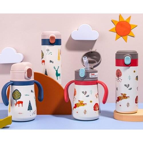 350ml Vacuum Bottle Cartoon Printing with Straw Stainless Steel Leak-proof Vacuum Flask for Outdoor
