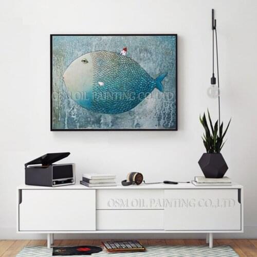 Special Design Abstract Giant Fish and Mini House Oil Painting Handmade Unique Funny Animal Oil Painting for Living Room