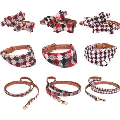Leather Dog Collar Leash Check Pet Cat Bandana Bow Tie Collier Chain British Neckerchief for Small Perro Chihuahua Pug Teddy