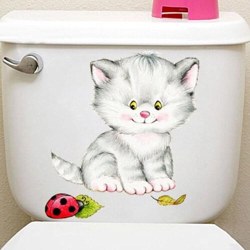 Cute Baby Cat Toilet Stickers For Wc Washroom Decoration Diy Cartoon Kitten Animal 3d Wall Mural Arts Pvc Home Decals