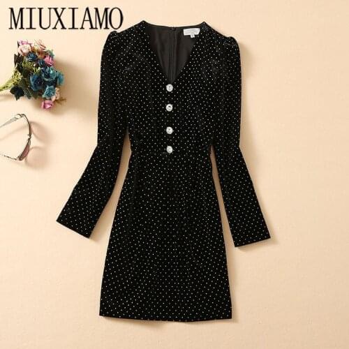 MIUXIMAO 2020 Fall Dress Women Party Velvet Dress Diamonds V-neck Office Lady Casual Long Black Dress Women Vestidos