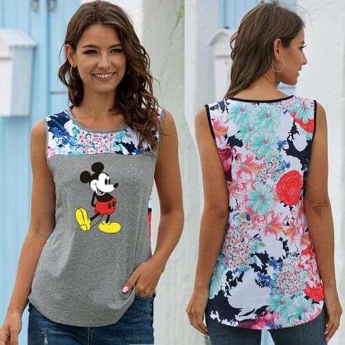Disney Mickey Mouse print fashion blouse Fashion loose round neck sleeveless T shirt ladies bottoming shirt summer new vest
