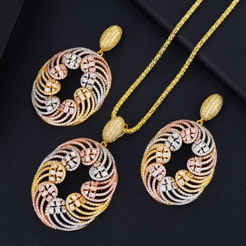 Blachette Brand Trendy Luxury Dubai Oval Dangle Drop Earrings Necklace For Women Wedding Cubic Zircon Nobal Bridal Jewelry Set
