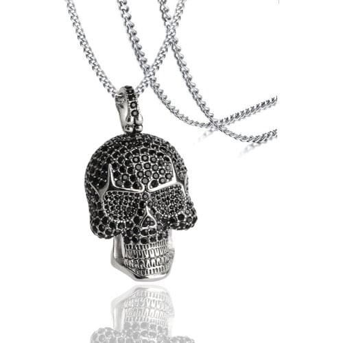 Mens Luxurious Cool Biker Stainless Steel Skull Necklaces & Pendants Studded With Zircon Gothic Jewelry Colgante Drop shipping