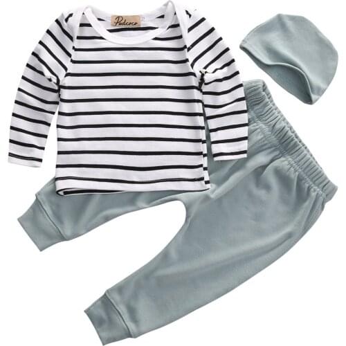 3pcs/set 2017 new autumn baby girl clothes cotton long sleeve striped T-shirt+pants +hat suit baby clothing sets infant clothing