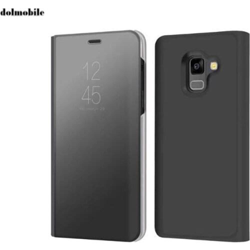 Luxury Mirror Clear View Case for Samsung Galaxy A8 Plus A8 2018 Phone Cover Plating Base Vertical Stand