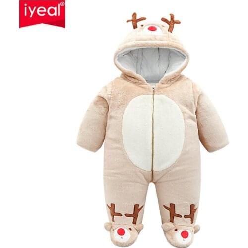 IYEAL Christmas Newborn Baby Boys Girl Rompers Long Sleeve Thicken Warm Velvet Hooded Deer Jumpsuit Children Baby Clothes 0-18M