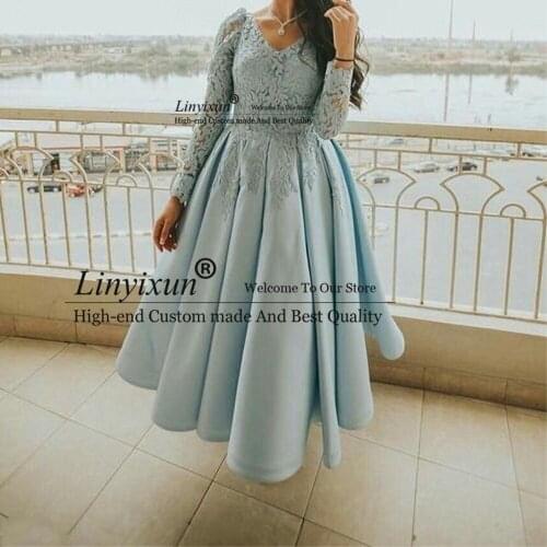 Sexy Gala Dress Plus Size African Long Sleeve Short Evening Dresses 2021 Light Blue Laces Simple Prom Dress vestidos formales