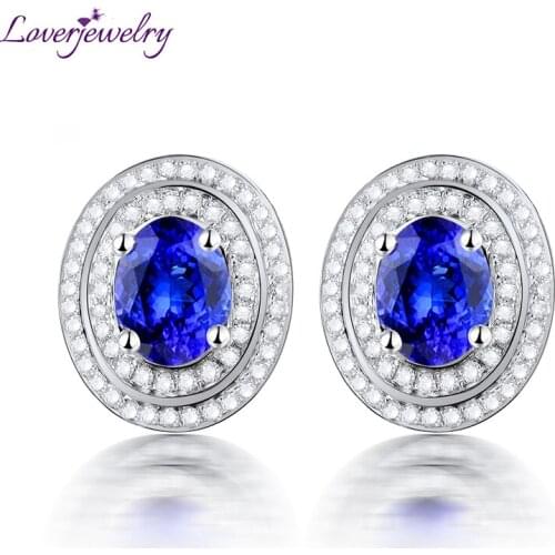 LOVERJEWELRY Women Vintage Taznzanite Earrings Oval 5x7mm Tanzanites Solid 14kt White Gold Diamond Earrings Fancy Stud Earrings